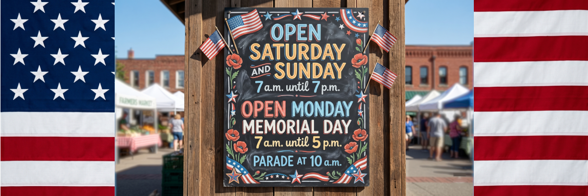 Open Saturday and Sunday 7 a.m. until 7 p.m., Open Monday Memorial Day 7 a.m. until 5 p.m. , Parade at 10 a.m.